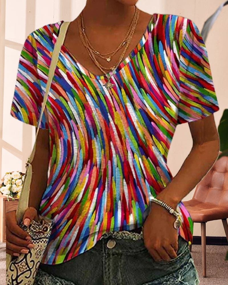 Hanneke - T-shirt Met Ronde Hals En Kleurrijke Opdruk