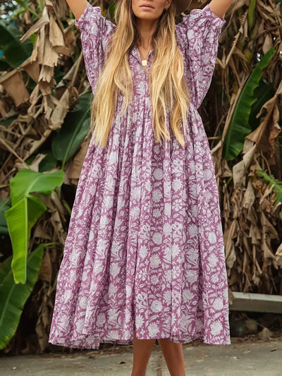 Emily - Losse Boho Maxi Jurk met Strik V-Hals en Korte Mouwen