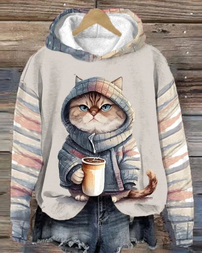 Merel | Sweater met capuchon, grafische kat-print en lange mouwen