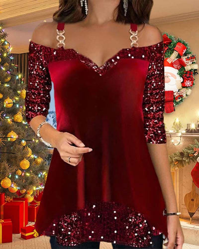 Yara | Kerstblouse met pailletten en open schouders