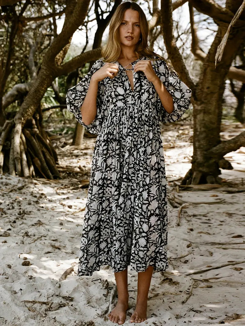 Emily - Losse Boho Maxi Jurk met Strik V-Hals en Korte Mouwen