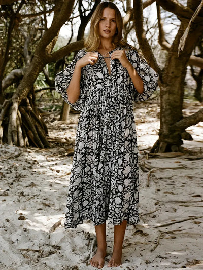 Emily - Losse Boho Maxi Jurk met Strik V-Hals en Korte Mouwen