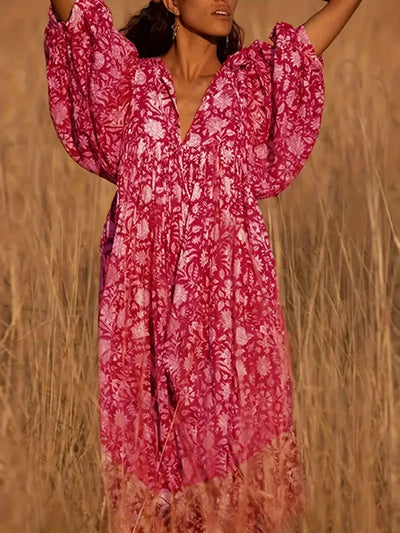Emily - Losse Boho Maxi Jurk met Strik V-Hals en Korte Mouwen