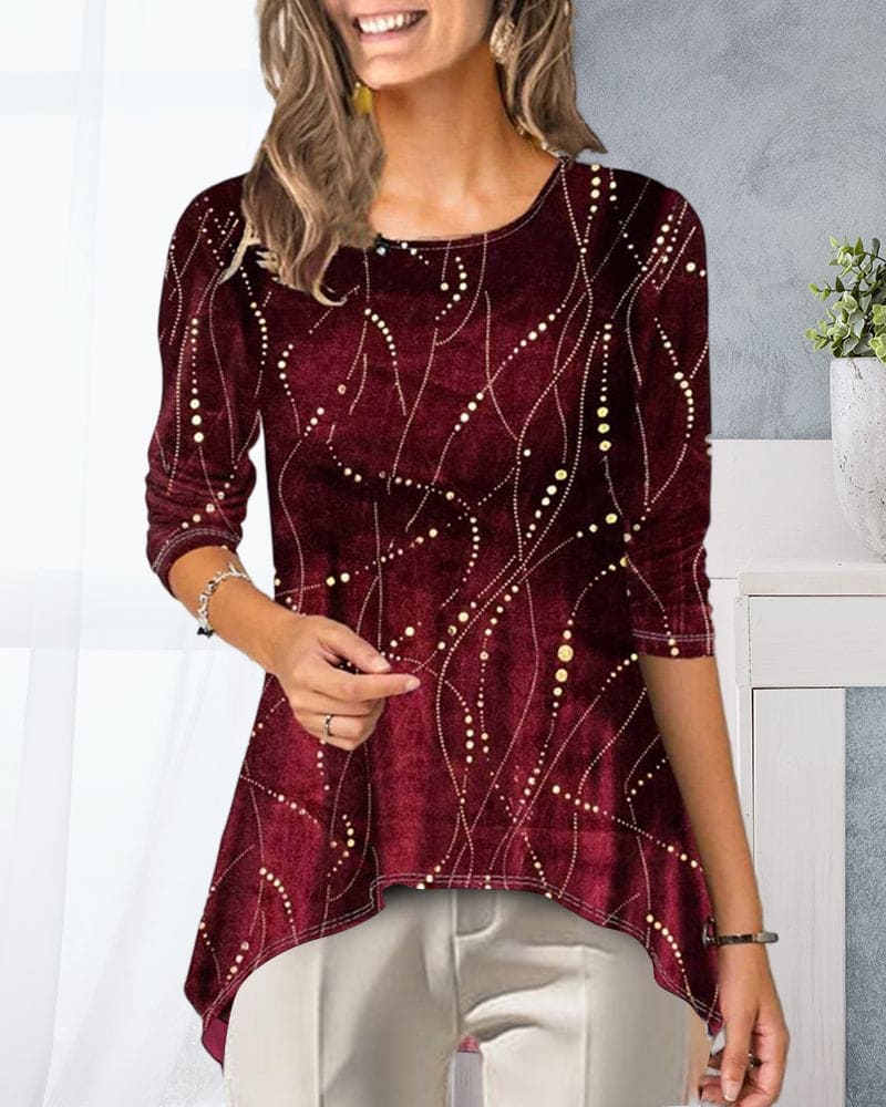 Mia | Blouse met ronde hals en bedrukte 3/4 mouw