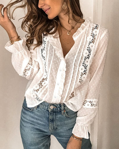 Elinor - Kanten Blouse In Één Effen Kleur
