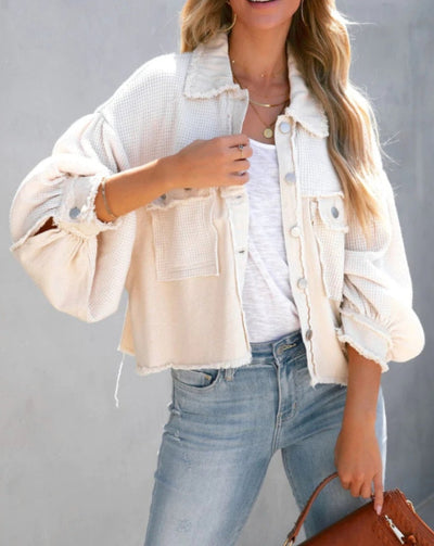 Zaria Jas | Moderne kortedames jas met ribfluweel in pastelteint