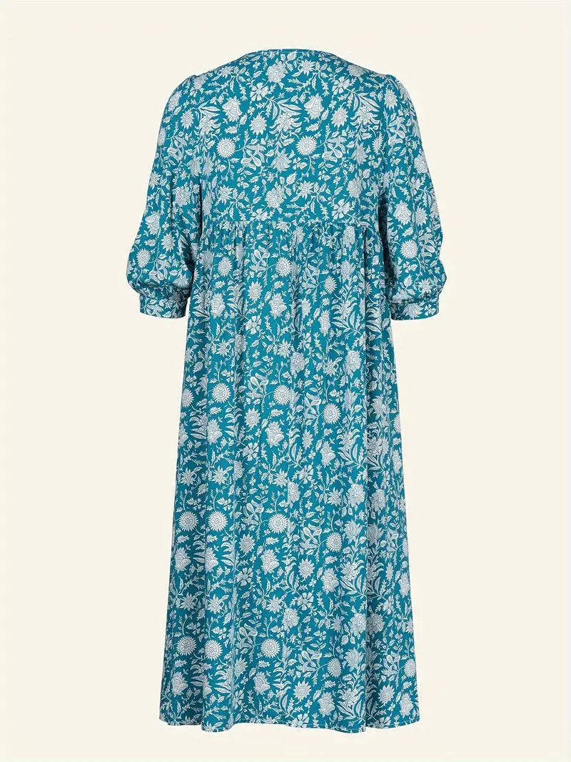 Emily - Losse Boho Maxi Jurk met Strik V-Hals en Korte Mouwen