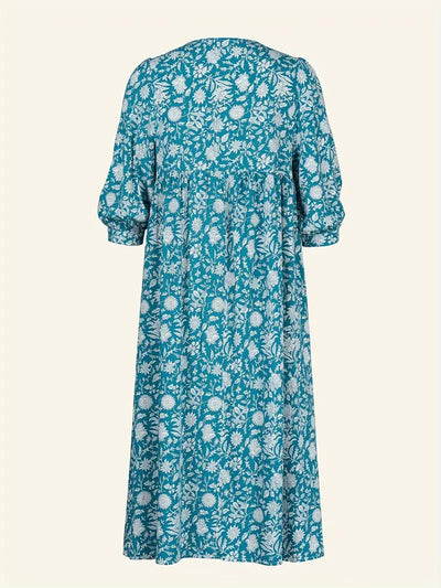 Emily - Losse Boho Maxi Jurk met Strik V-Hals en Korte Mouwen