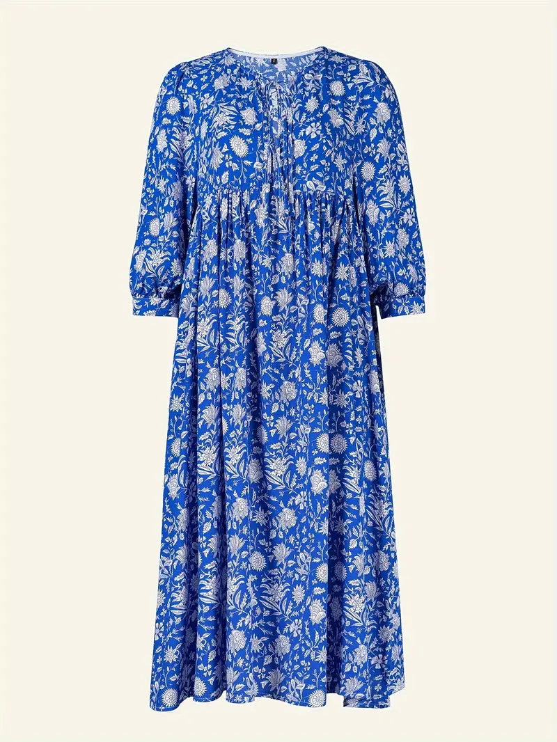 Emily - Losse Boho Maxi Jurk met Strik V-Hals en Korte Mouwen
