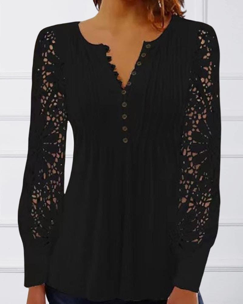 Inge - Kanten Blouse Met Lange Mouwen En Een V-hals