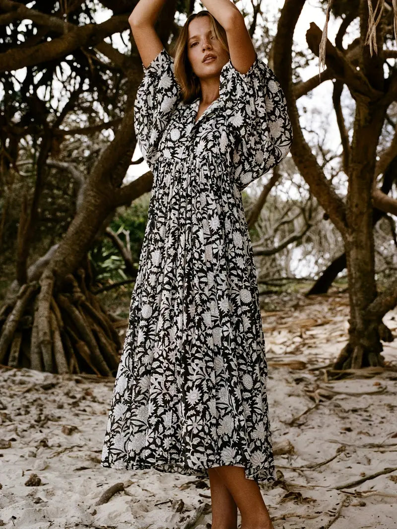 Emily - Losse Boho Maxi Jurk met Strik V-Hals en Korte Mouwen