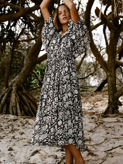 Emily - Losse Boho Maxi Jurk met Strik V-Hals en Korte Mouwen