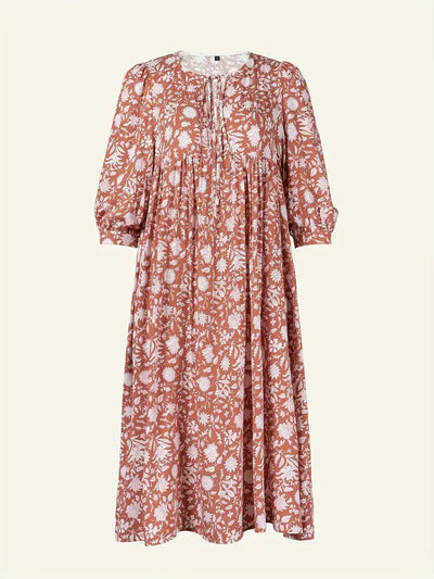 Emily - Losse Boho Maxi Jurk met Strik V-Hals en Korte Mouwen