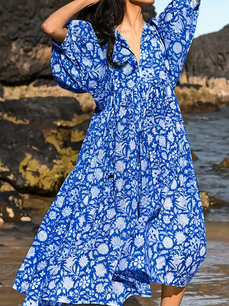 Emily - Losse Boho Maxi Jurk met Strik V-Hals en Korte Mouwen