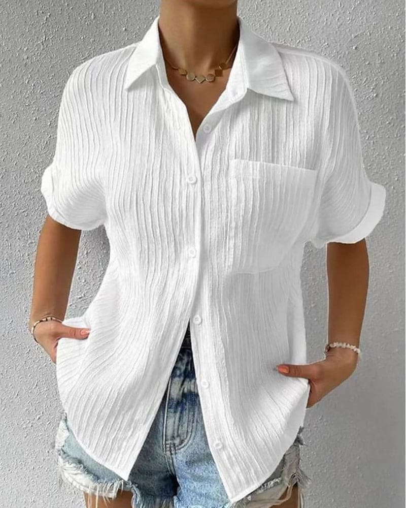 Lisa - Comfortabele effen lapel blouse met korte mouwen en zak