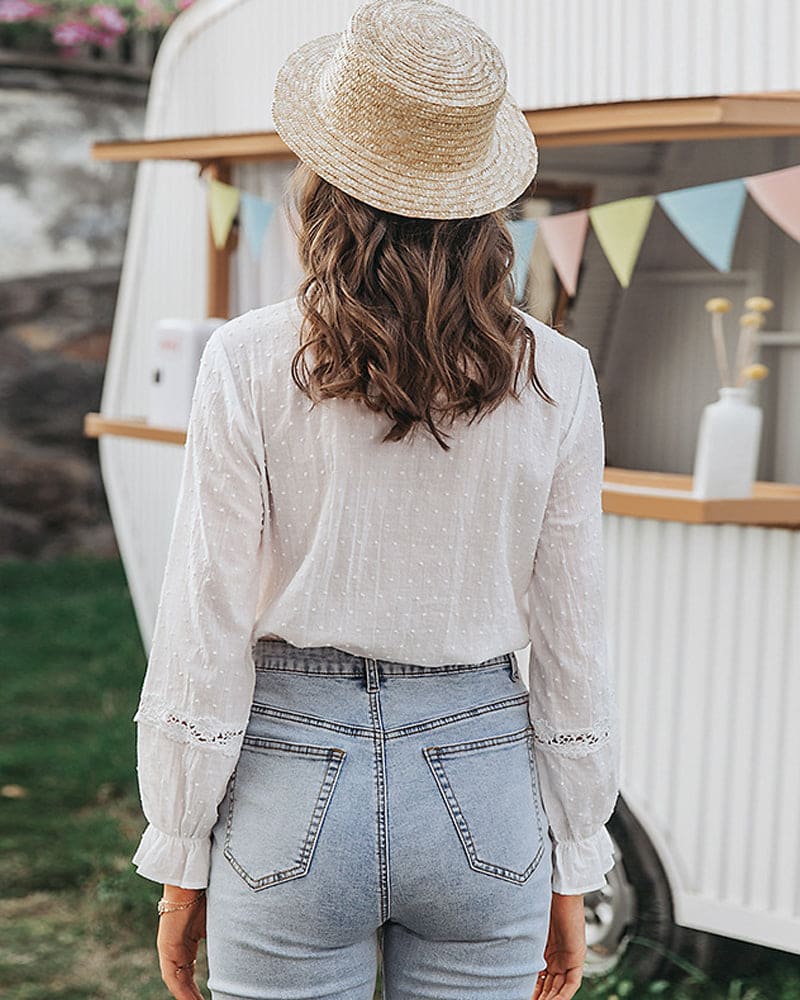 Elinor - Kanten Blouse In Één Effen Kleur