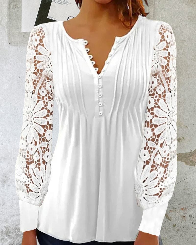 Inge - Kanten Blouse Met Lange Mouwen En Een V-hals