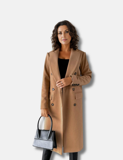 Maxime Mantel | Elegante Lange double breasted jas met wollen look voor dames