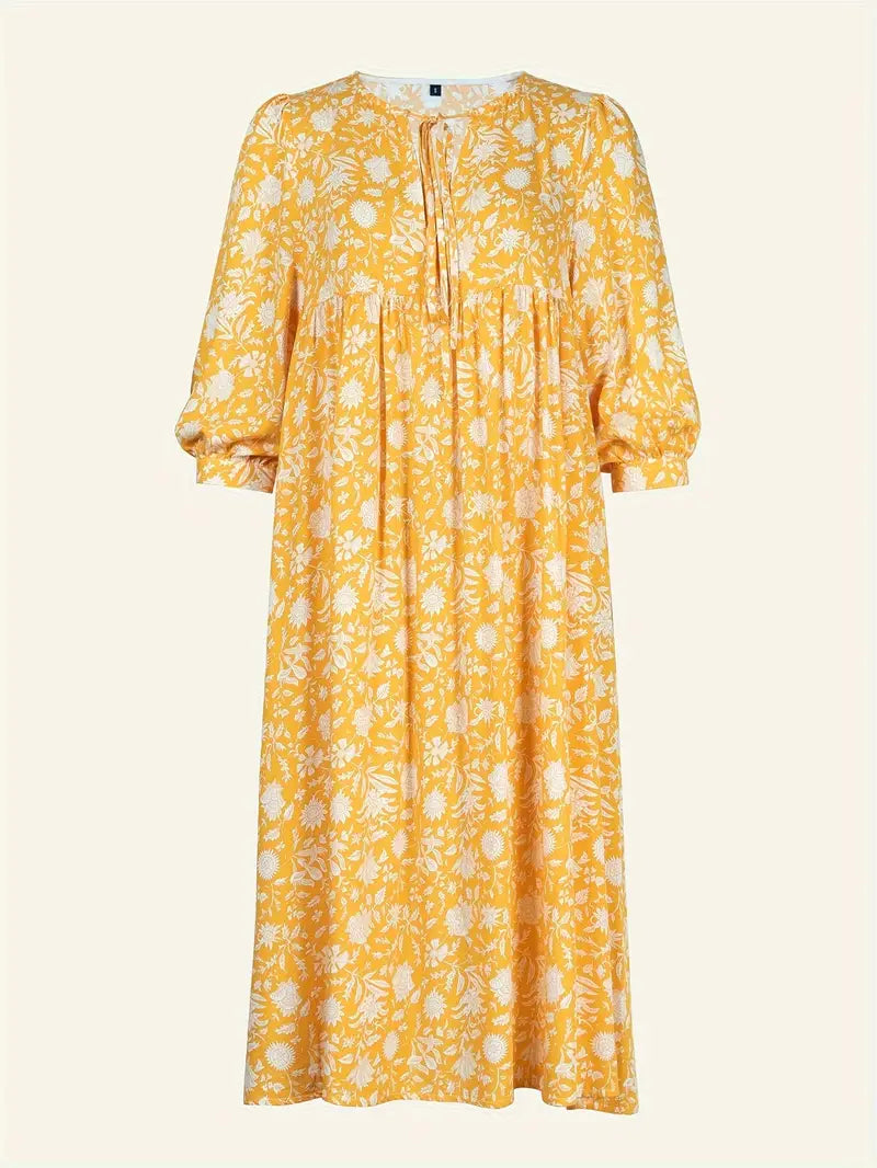 Emily - Losse Boho Maxi Jurk met Strik V-Hals en Korte Mouwen