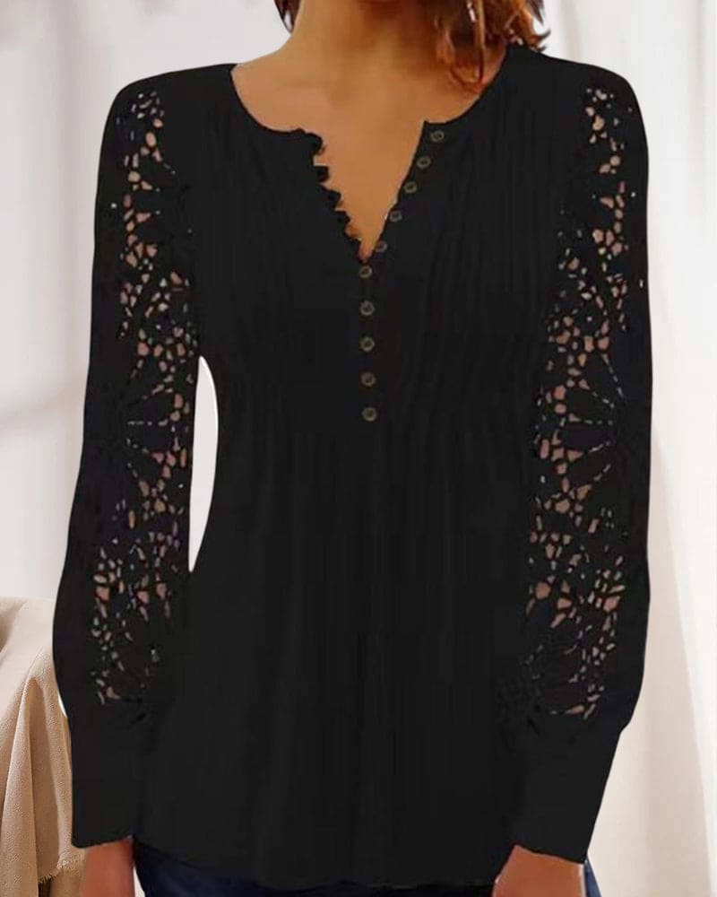 Inge - Kanten Blouse Met Lange Mouwen En Een V-hals
