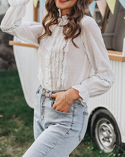 Elinor - Kanten Blouse In Één Effen Kleur