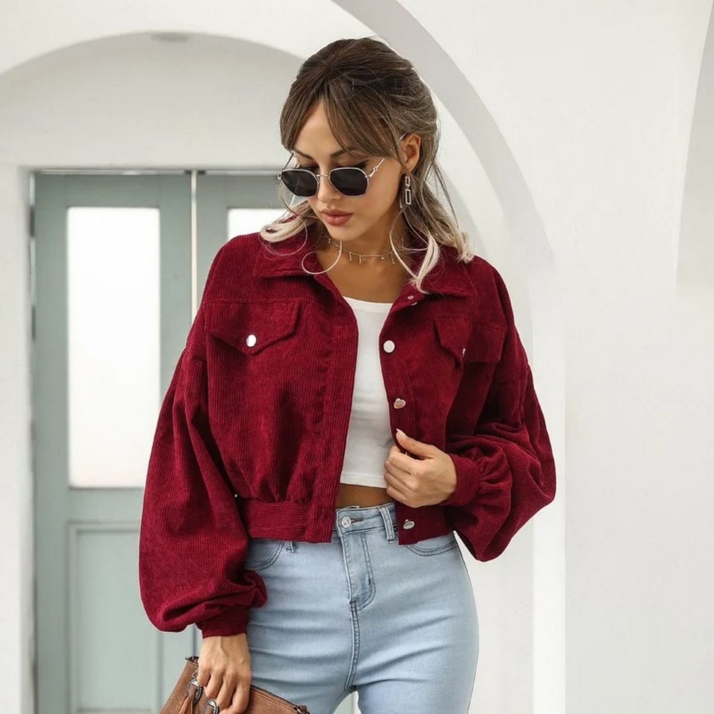 Cassie - ribfluwelen lantaarnmouw cropped jack