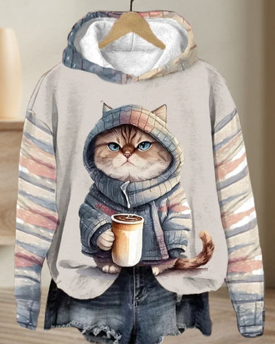 Merel | Sweater met capuchon, grafische kat-print en lange mouwen