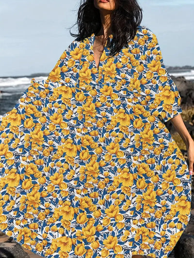 Emily - Losse Boho Maxi Jurk met Strik V-Hals en Korte Mouwen