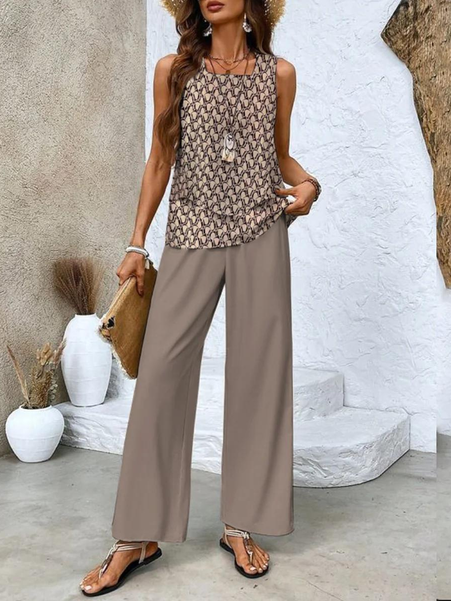 Jill - Elegante effen kleurentop en gebloemde broek Set