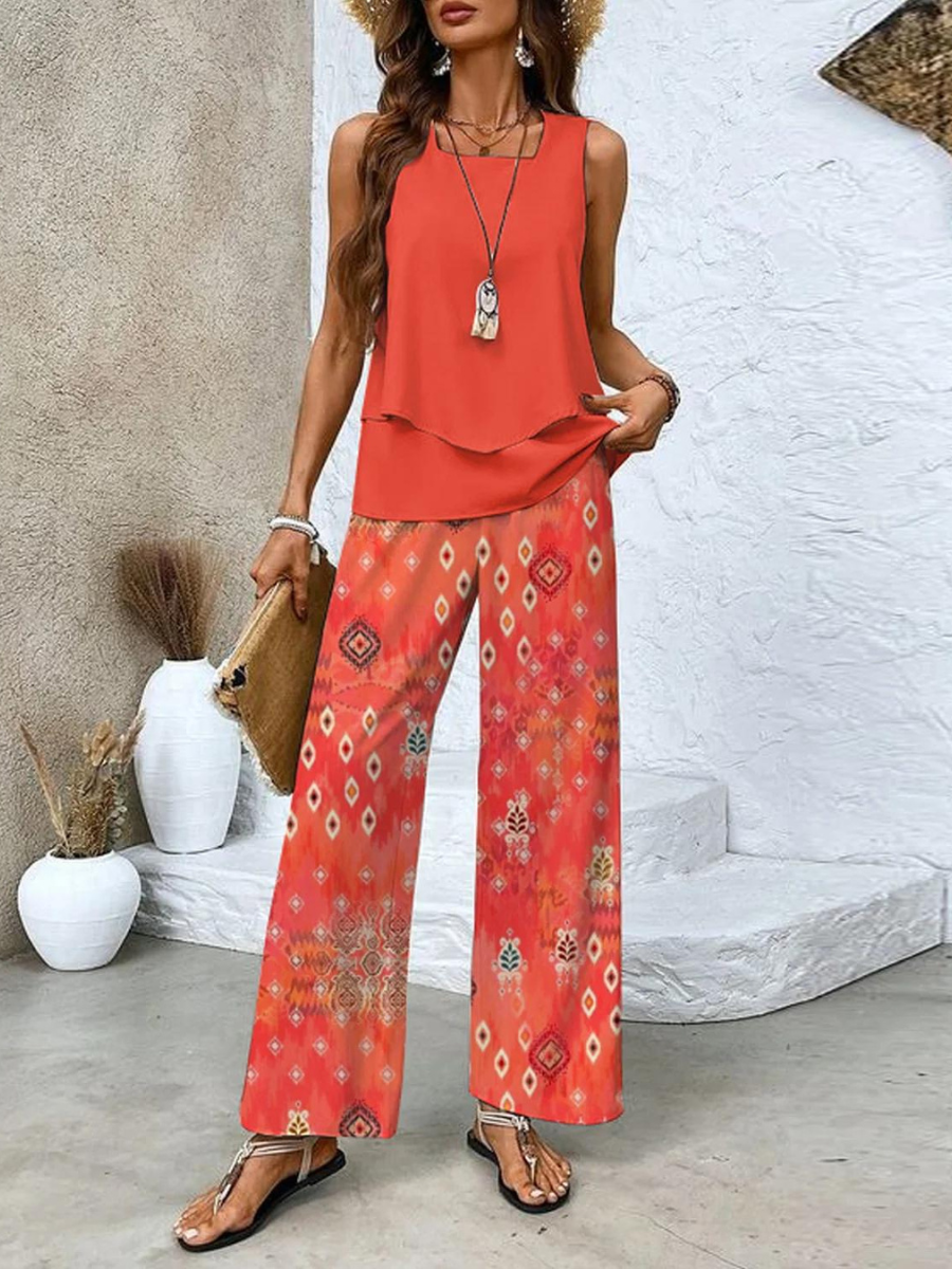 Jill - Elegante effen kleurentop en gebloemde broek Set