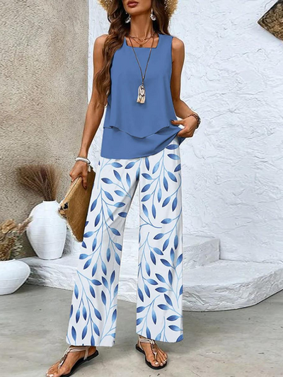 Jill - Elegante effen kleurentop en gebloemde broek Set
