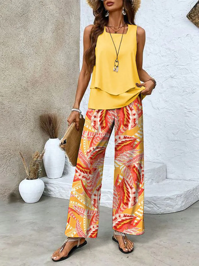 Jill - Elegante effen kleurentop en gebloemde broek Set