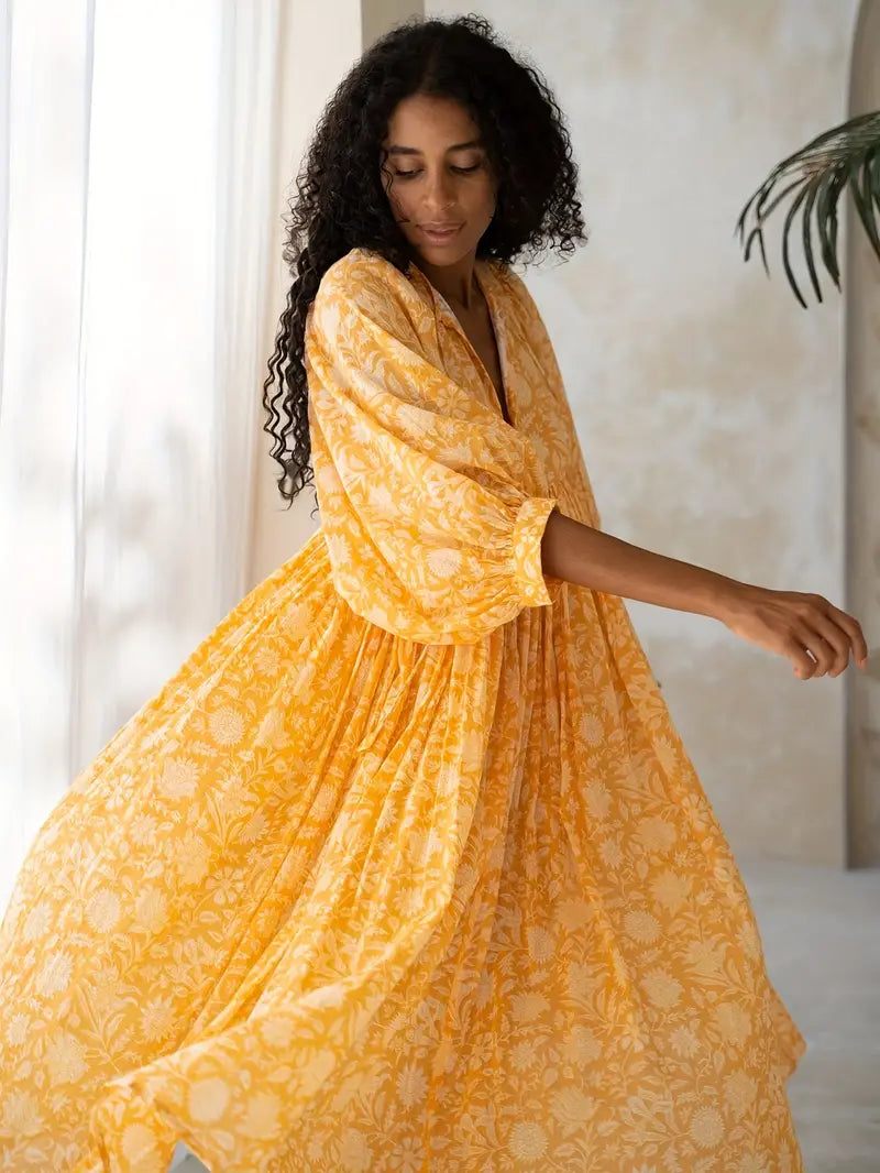 Emily - Losse Boho Maxi Jurk met Strik V-Hals en Korte Mouwen