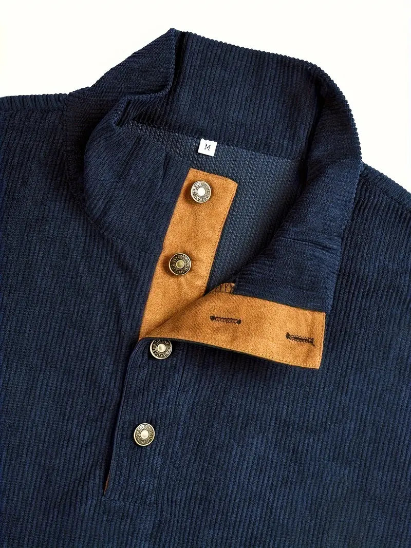 Gregory - Casual Corduroy Trui Met Retro Opstaande Kraag en V-hals voor mannen