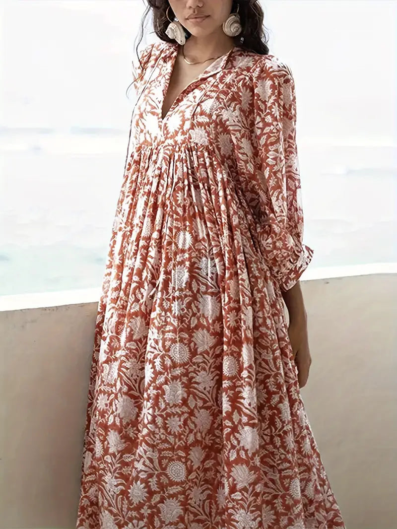 Emily - Losse Boho Maxi Jurk met Strik V-Hals en Korte Mouwen