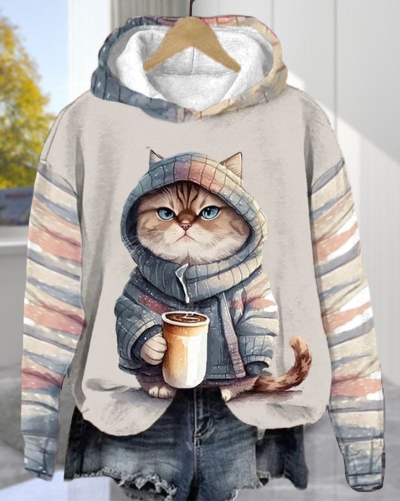 Merel | Sweater met capuchon, grafische kat-print en lange mouwen