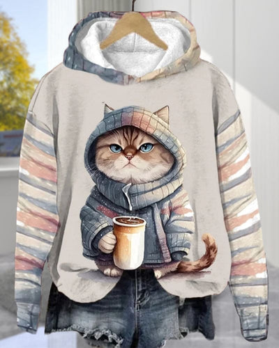 Merel | Sweater met capuchon, grafische kat-print en lange mouwen