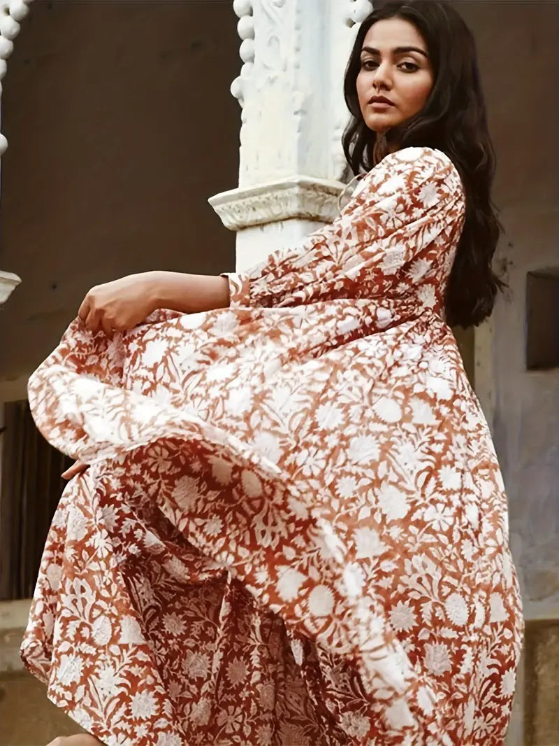 Emily - Losse Boho Maxi Jurk met Strik V-Hals en Korte Mouwen