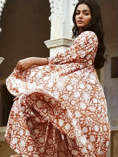 Emily - Losse Boho Maxi Jurk met Strik V-Hals en Korte Mouwen
