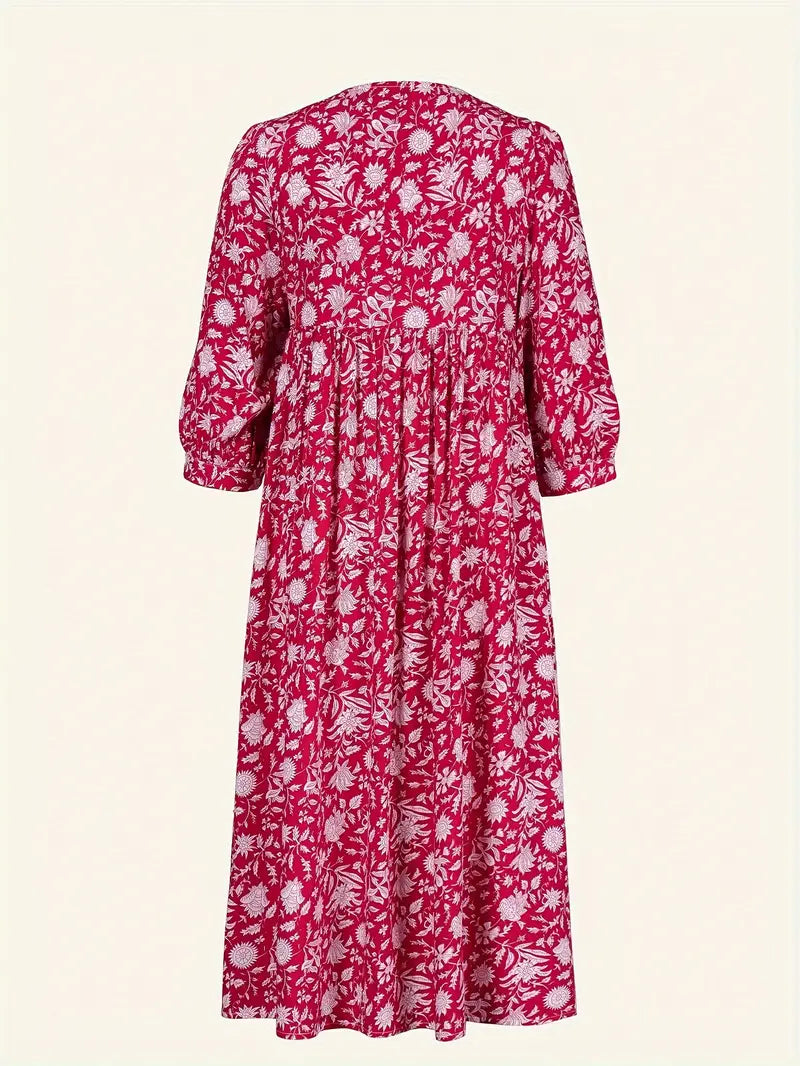 Emily - Losse Boho Maxi Jurk met Strik V-Hals en Korte Mouwen