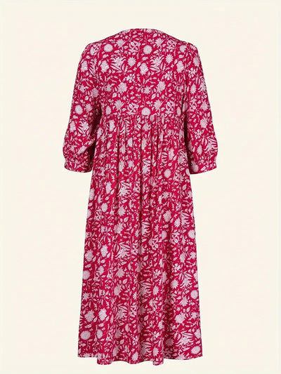 Emily - Losse Boho Maxi Jurk met Strik V-Hals en Korte Mouwen