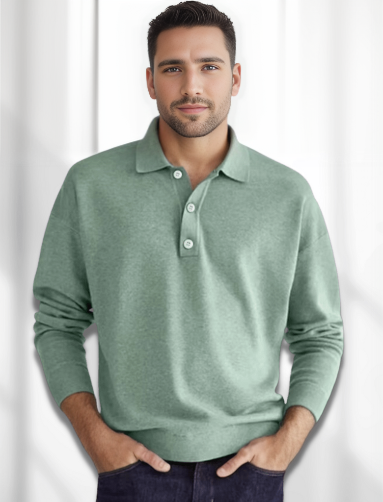 Ganti - Merino-look heren polo met lange mouwen