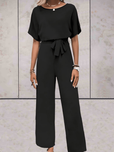 Paige - Effen jumpsuit met korte en wijde mouwen, striklinten aan de zijkant en druppelvormige opening aan de achterkant