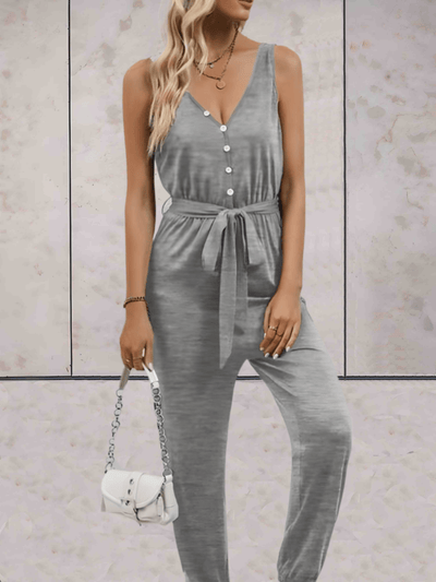Priga -  Effen jumpsuit met lage v-uitsnijding en mouwloze strikbandjes