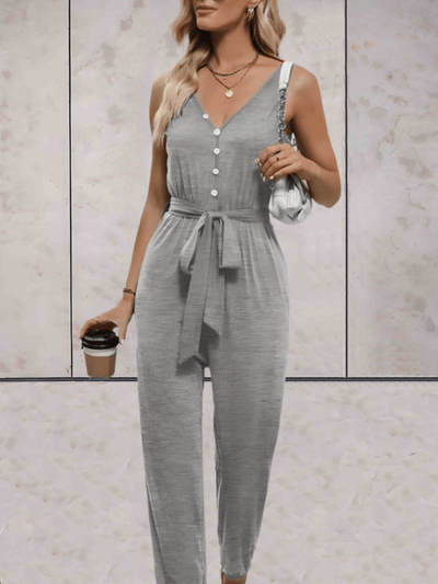 Priga -  Effen jumpsuit met lage v-uitsnijding en mouwloze strikbandjes