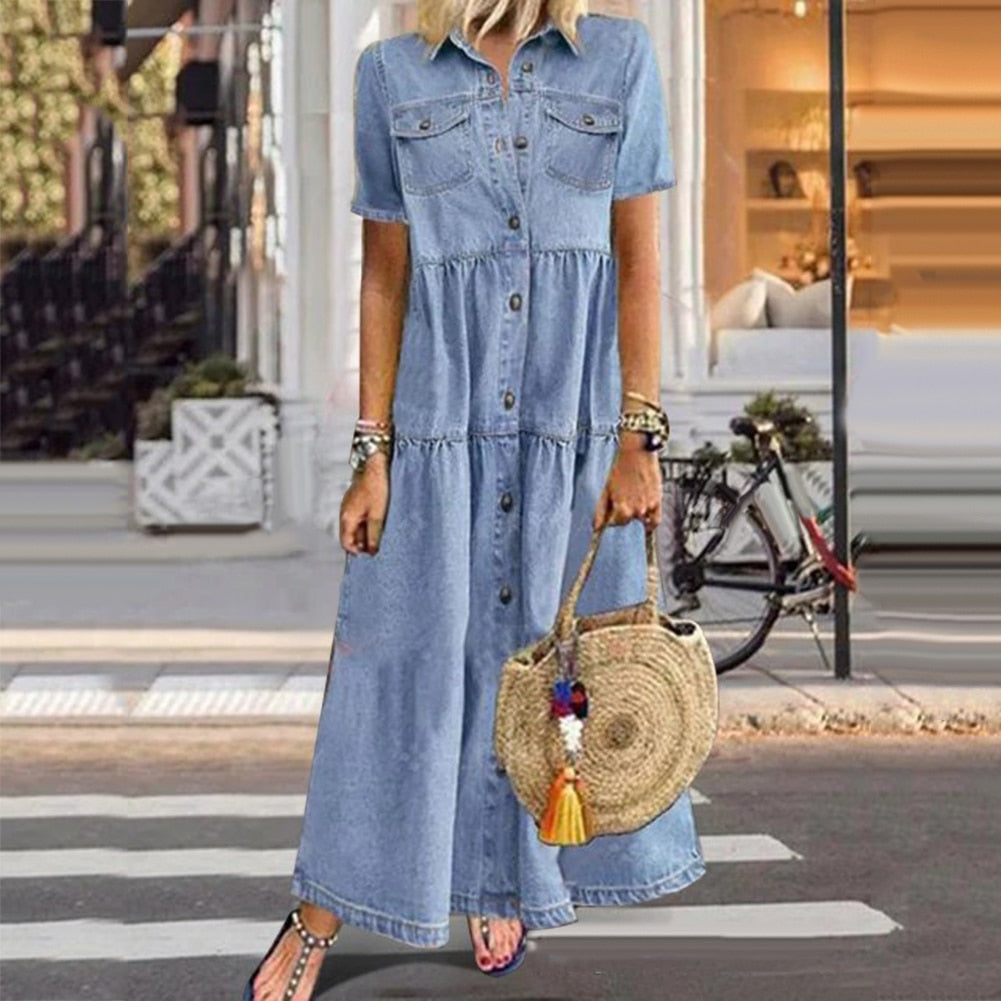 Rhea moeiteloos chique maxi denim jurk