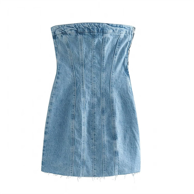 Sandra Strapless Denim Jurk | Stoer denim jurk zonder hals en rits aan de zijkant