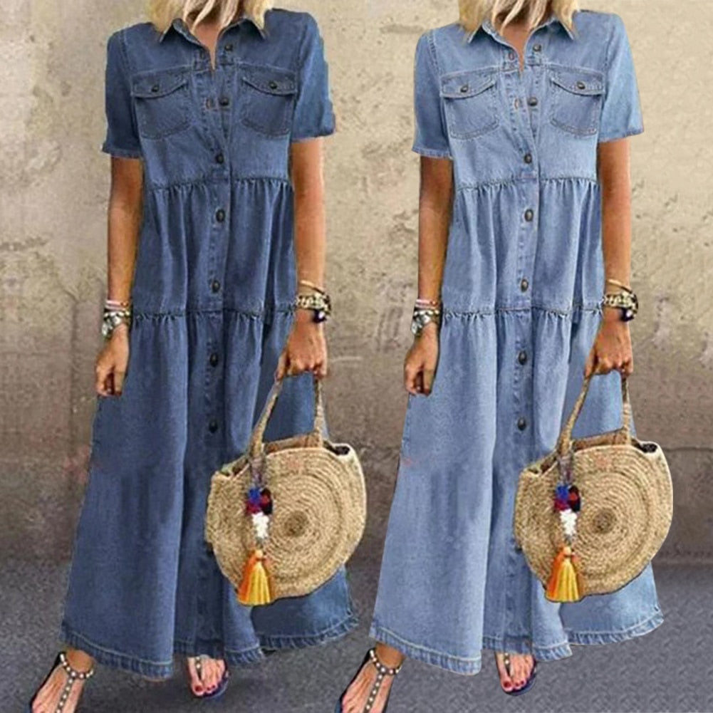 Rhea moeiteloos chique maxi denim jurk