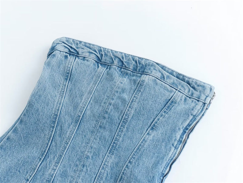 Sandra Strapless Denim Jurk | Stoer denim jurk zonder hals en rits aan de zijkant