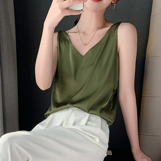 Max Mila Top met V-hals | Satin Look Dames Shirt